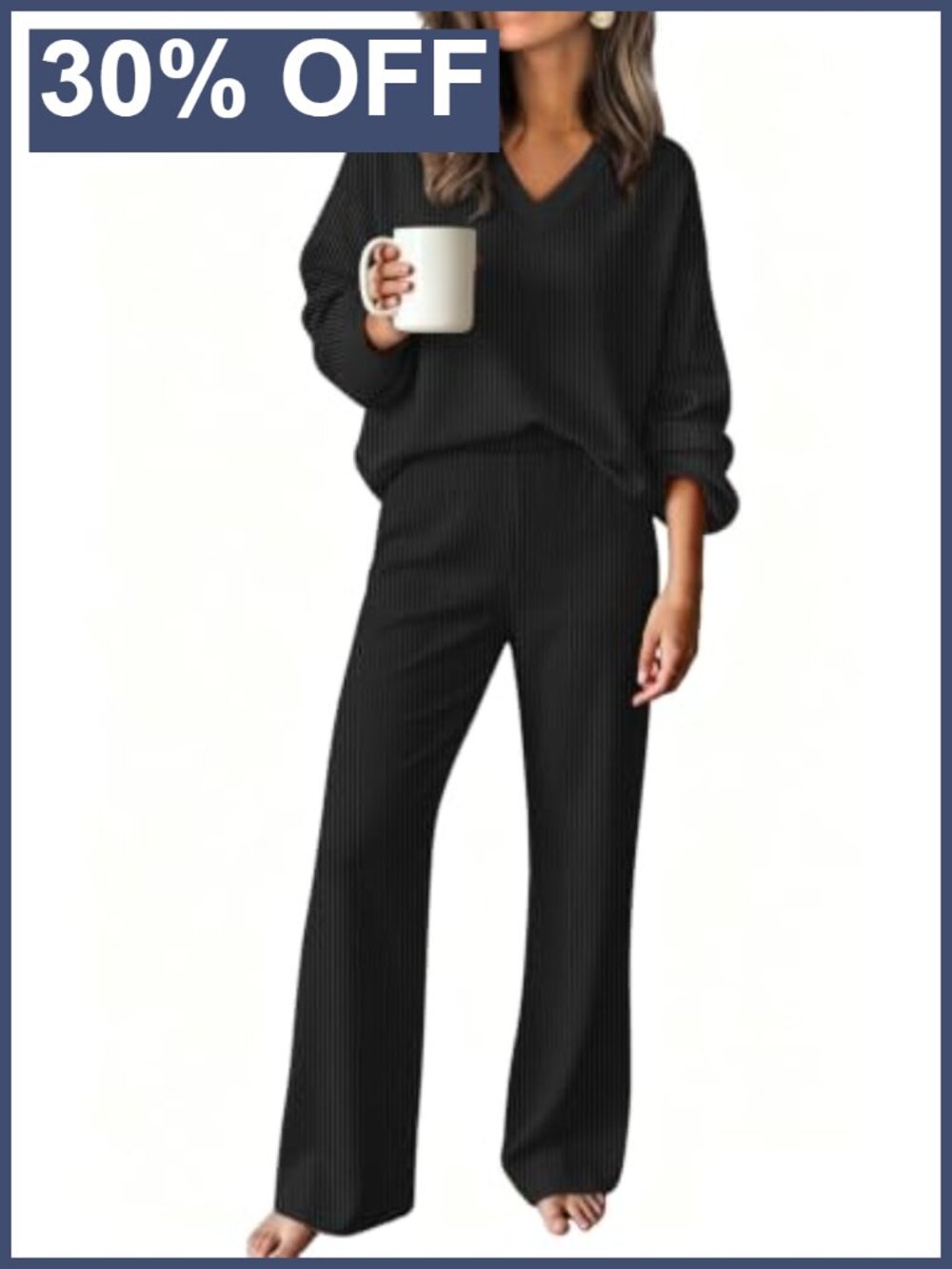 Ribbed Knit Lounge Set 2 Piece V Neck Top & Pants Casual Travel
